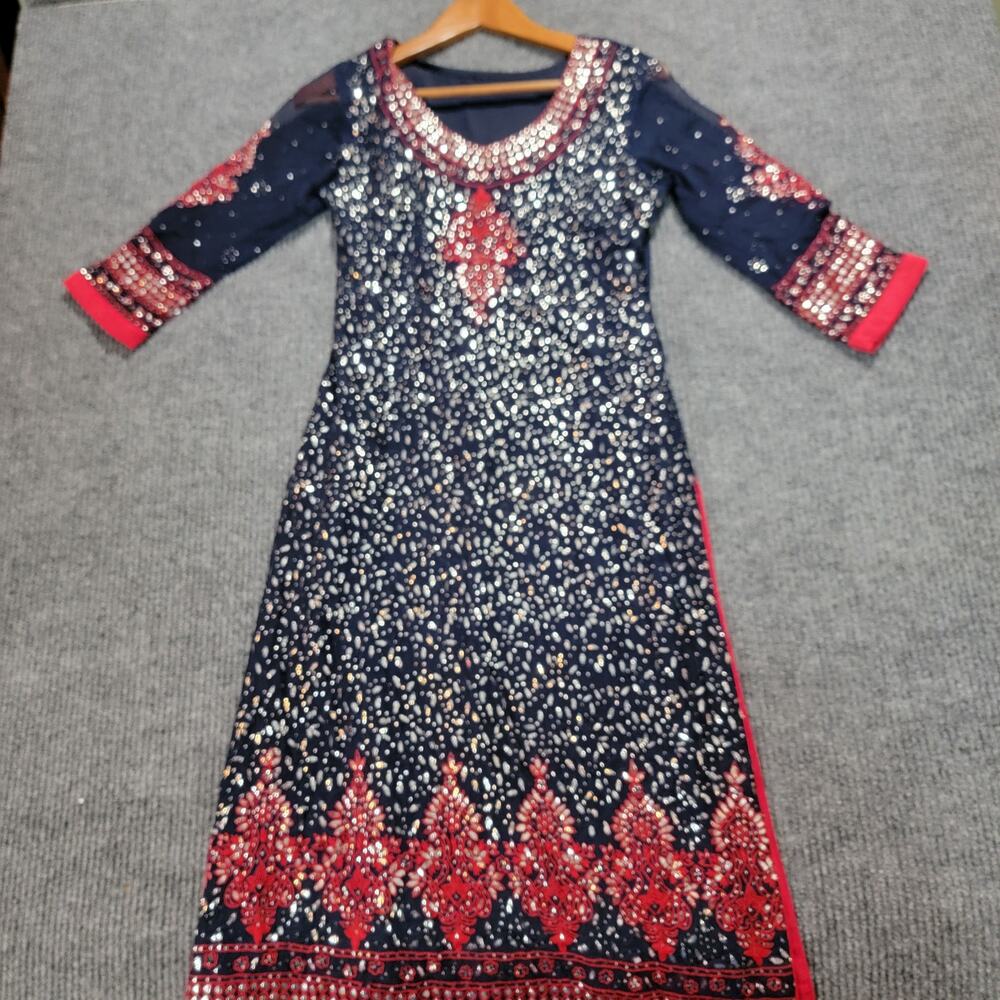 Ethnic Embroidered Maxi Dress Navy Red Sequin Gown Traditional Festive Wear